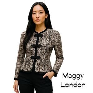 Vintage Maggy London Black Cream Silk Mandarin Jacket Size 8